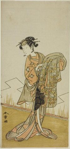 The Actor Nakamura Riko I as the Courtesan Wakamatsu (?) in the Play Gohiiki Kanjincho..., c. 1773. Creator: Shunsho.