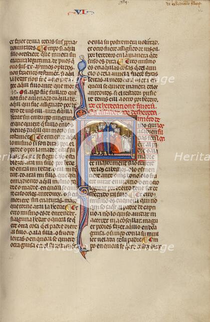 Initial F: Three Men and a Child before a Judge and Three Men and a Child..., about 1290-1310. Creator: Unknown.