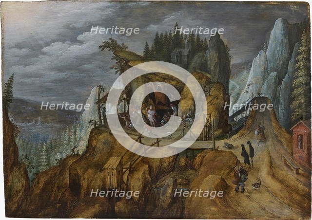 Fantastic rocky landscape with the Temptation of Saint Anthony , 1600. Creator: Anonymous.