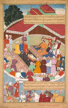 Hulagu Khan giving a feast and dispensing favor upon the amirs and princes..., c. 1596-1600. Creator: Lal (Indian, active c. 1555-1600); Dharam Das (Indian, active c. 1580-1605); Padarath (Indian, active late 1500s).