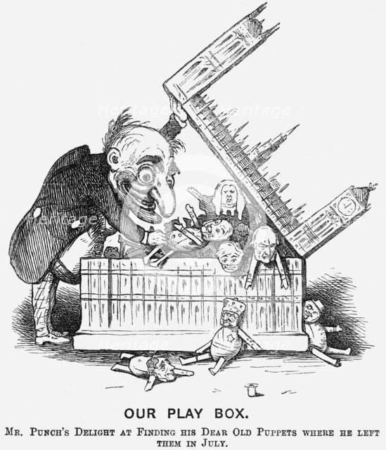 'Our Play Box. Mr Punch's Delight at Finding His Dear Old Puppets where He Left Them in July', 1865. Artist: Unknown