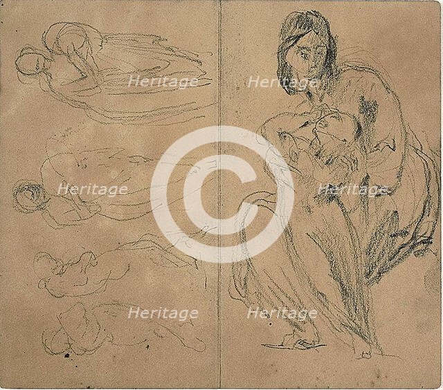 Sketches: Four Figures and Seated Mother and Child (recto); Seate..., 1860 (recto); 1847/75 (verso). Creator: Jean-Baptiste Carpeaux.