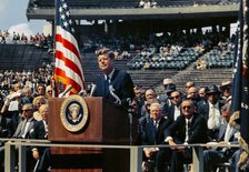 President Kennedy makes his 'We choose to go to the Moon' speech, Rice University, 1962. Creator: NASA.