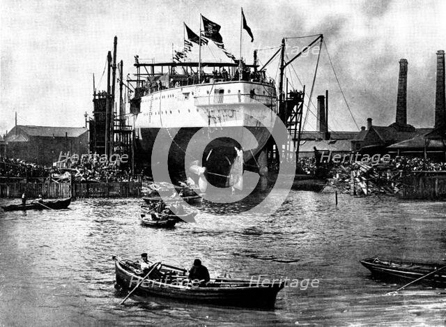The Launch of H.M.S. "Albion": the vessel on the slip at Blackwall, 1898. Creator: London Stereoscopic & Photographic Co.