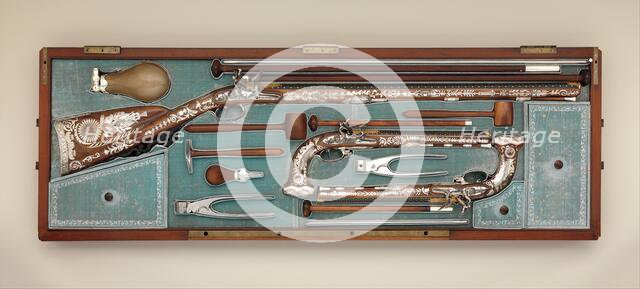 Cased Set of a Flintlock Rifle, a Pair of Pistols, and Accessories, French, Versailles, ca. 1800. Creator: Nicolas Noël Boutet.