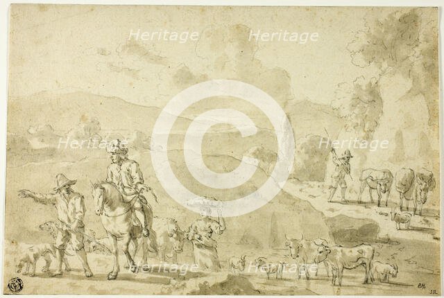 Cows, Sheep, Goats Being Herded, Herdsman Giving Directions to Traveler on Horseback, n.d. Creator: Abraham Jansz Begeyn.