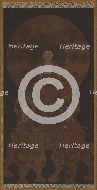 Historical Buddha Shakyamuni with the bodhisattvas Fugen..., Muromachi period, 15th century. Creator: Unknown.