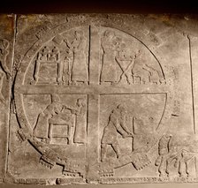 Carved slab from the southern wall of the throne room at Nimrud, depicting the camp of King Ashurnasirpal II.