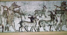 Detail from the Egyptian 'satirical papyrus' of a fox playing the pipes and leading goats. Artist: Unknown