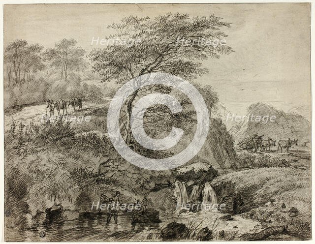 Hilly Landscape with Figures Beside Waterfall, 1785. Creator: Gerard van Nijmegen.