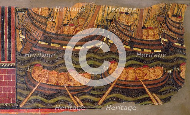 St. Ursula and the Virgins in their journey to Rome in sailing and rowing boats. Detail of a tabl…