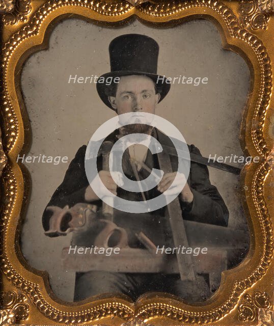 Carpenter in Top Hat with Hatchet, Compass, Square, and Hand Saw, 1850s-60s. Creator: Unknown.