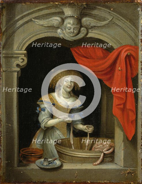 A woman making sausage. Creator: Schalcken, Godfried, (Follower)  .