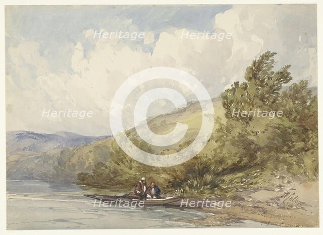 Hilly landscape with a lake and a boat with two figures, 1822-1908. Creator: William Callow.