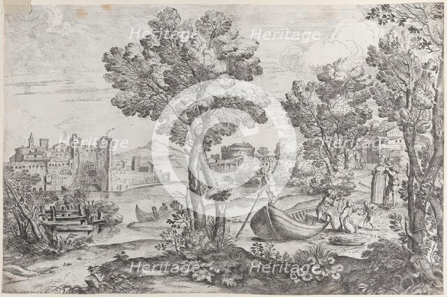 Landscape with a man holding a snake to a terrified child, watched by a fashionably dre..., 1626-80. Creator: Giovanni Francesco Grimaldi.