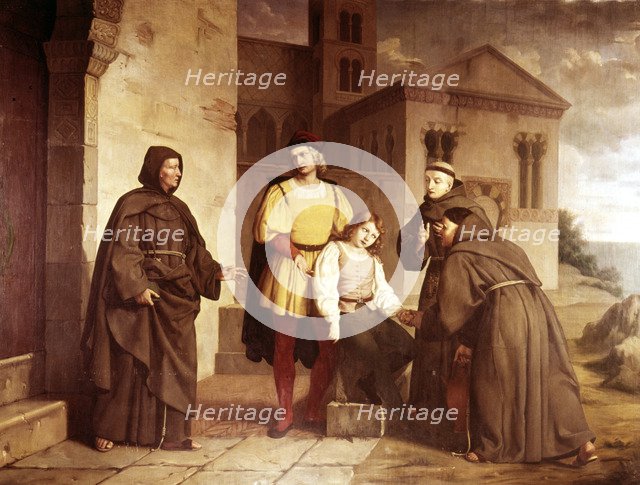 Columbus before the Monastery of La Rabida' Christopher Columbus (1451-1506), Genoese navigator.