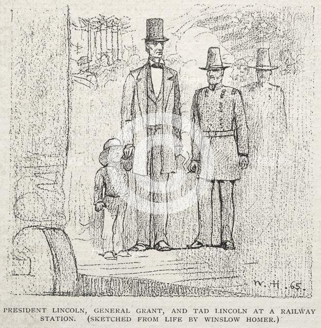 President Lincoln, General Grant, and Tad Lincoln at a Railway Station, 1887. Creator: Winslow Homer (American, 1836-1910).
