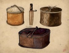 Knife "pa", birch bark bucket "kol" and basket "tamga", Selkups, 1920. Creator: A. G. Vargin.