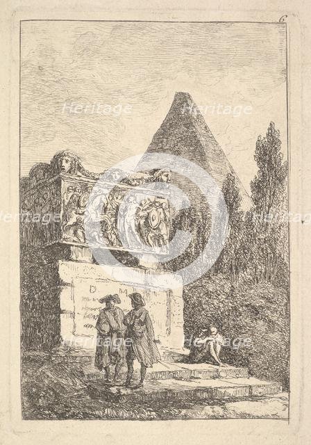 Plate 6: The Sarcophagus: two men conversing to left, another man seated and sleepi..., ca. 1763-64. Creator: Hubert Robert.