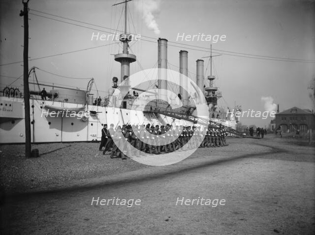 U.S.S. Brooklyn, Marine guard company drill by sections, (1897?). Creator: Unknown.
