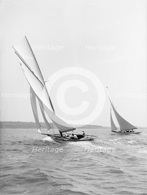 The 8 Metre 'Ventana' and 'Garraveen' race upwind, 1914. Creator: Kirk & Sons of Cowes.