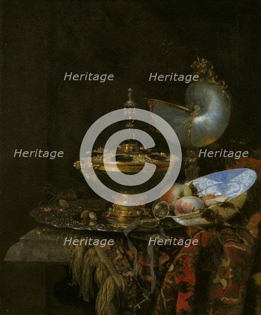 Pronk Still Life with Holbein Bowl, Nautilus Cup, Glass Goblet and Fruit Dish, 1678. Artist: Kalf, Willem (1619-1693)
