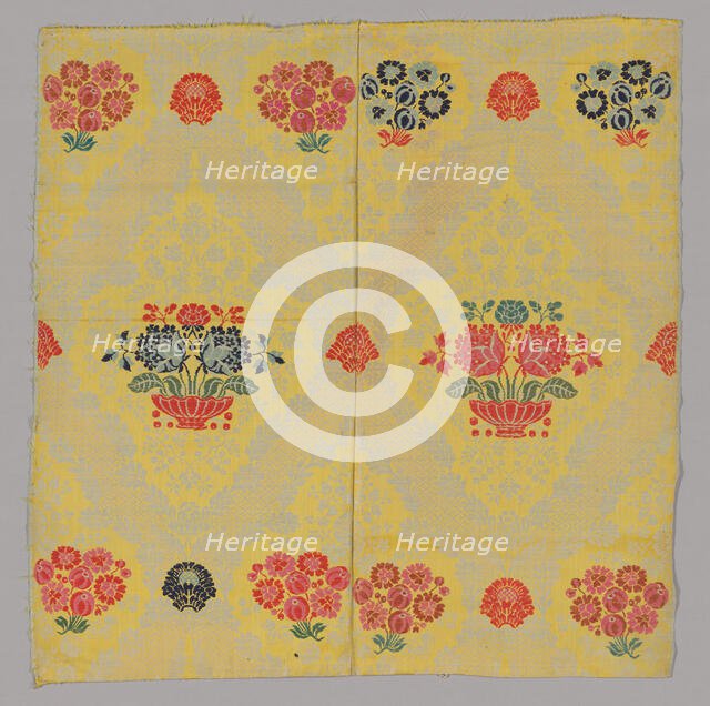 Two Joined Panels of Brocaded Yellow Furnishing Wool, England, c. 1720s. Creator: Unknown.