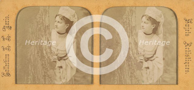 Woman in historical costume peering out around a tree, 1855-1865. Creator: Levy Fils & Cie.