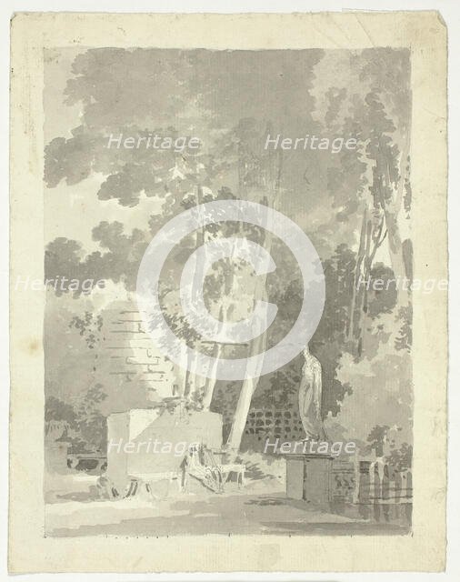 View of the Park at Versailles: Two Figures on a Bench in a Clearing, Female Statue Nearby, n.d. Creator: Pierre Antoine Mongin.