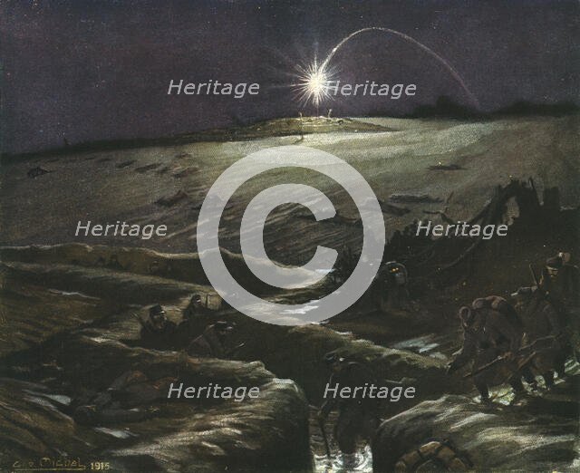 ''Dans La Tranchee; Tranchees de Noulette, la fusee eclairante', 1915. Creator: G Michel.