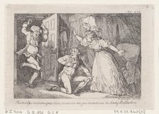 Partridge Interrupts Tom Jones in his Protestations to Lady Bellaston, from "The History o..., 1792. Creator: Thomas Rowlandson.