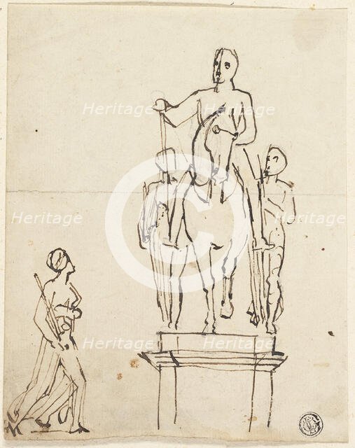 Sculpture of Horseman Accompanied by Two Standing Figures, with Sketch of One of Latter, n.d. Creator: Thomas Stothard.
