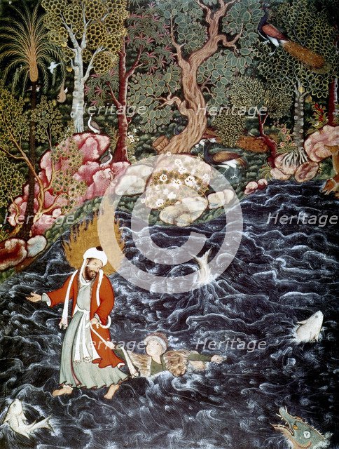 The prophet Elijah rescuing Prince Nur ad-Dahr, 1562-1577.  Artist: Mir Sayyid Ali