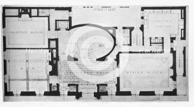First floor plan, house of Mrs William Hayward, New York, 1922. Artist: Unknown.