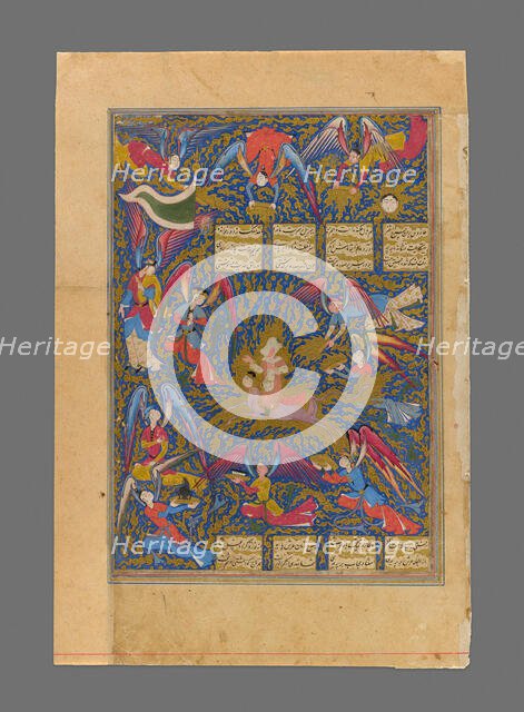 The Ascent of the Prophet to Heaven, page from the Khamsa of Nizami, Safavid dynasty, c. 1600. Creator: Unknown.
