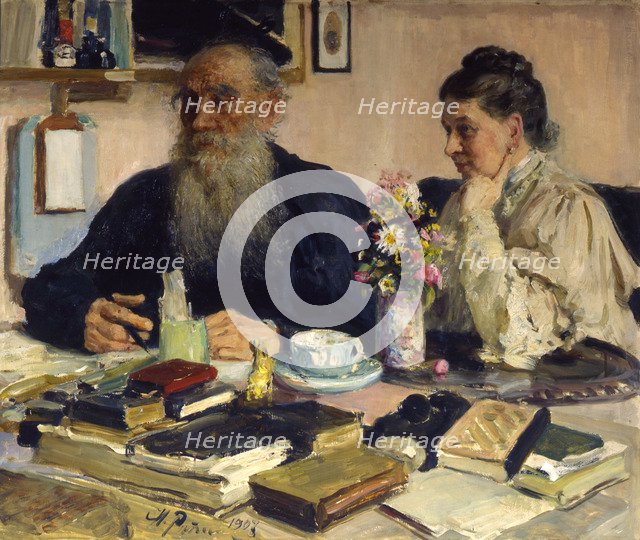 'The author Leo Tolstoy with his wife in Yasnaya Polyana', 1907.  Artist: Il'ya Repin
