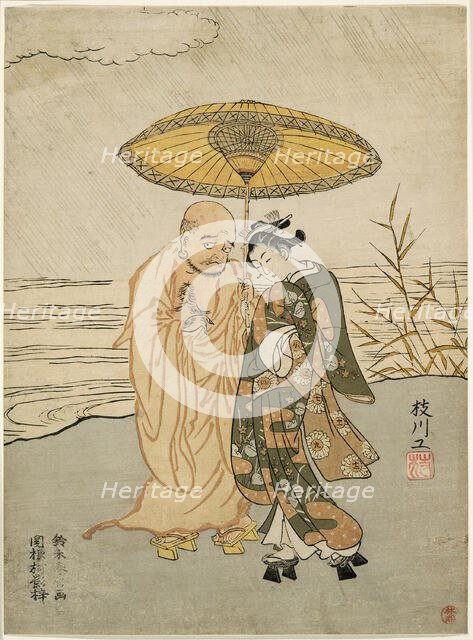 Daruma and a young woman in the rain, 1765. Creator: Suzuki Harunobu.