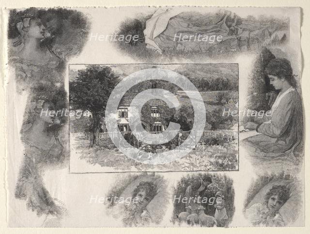 Landscape with Cottage and Cows Surrounded by Various Sketches. Creator: Henry Wolf (American, 1852-1916).