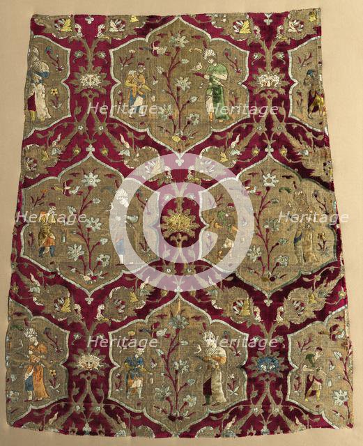 Brocaded velvet with falconer and attendant in animated lattice, from a robe, mid 1500s. Creator: Unknown.