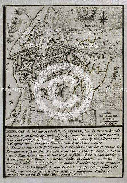 Seven Years War (1756-1763): Map of the Russian bombardment of Memel, 1757 (1765). Creator: Jean de Beaurain.
