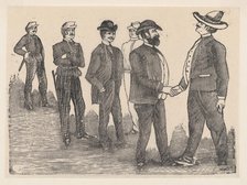 Two men shaking hands in the foreground and officers watching them in the backgro..., ca. 1880-1910. Creator: José Guadalupe Posada.