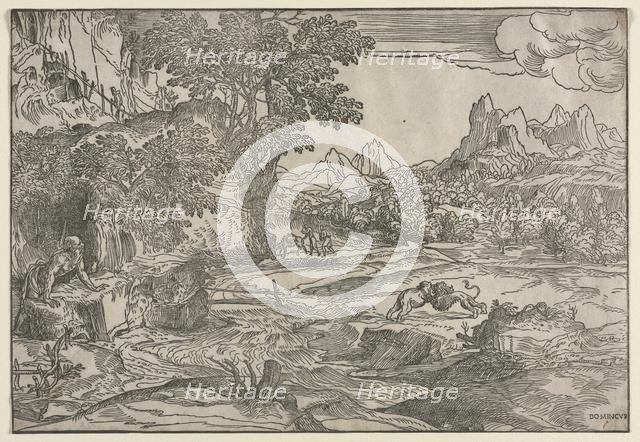 Landscape with Saint Jerome and Two Lions, c. 1530-35. Creator: Domenico Campagnola (Italian, 1500-1564).