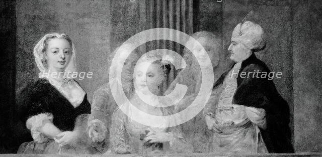 Fashionable Figures, with a Man in Turkish Costume, 1733/35. Creator: Unknown.