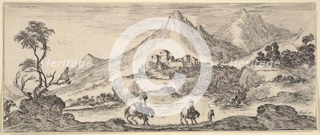 Two horseman descend a hill in center, following another man on foot, a castle in the ..., ca. 1641. Creator: Stefano della Bella.