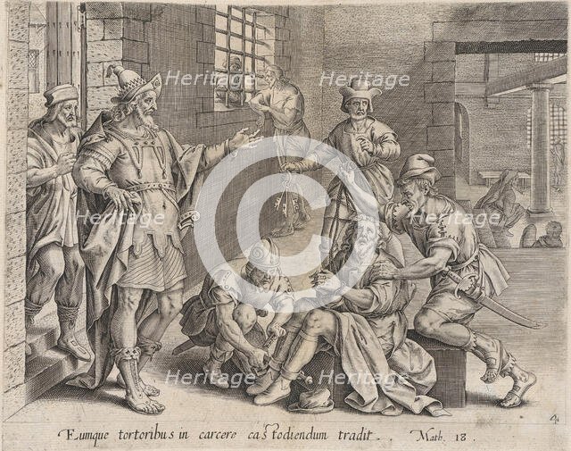 The Imprisoned Servant, from The Parable of the Unmerciful Servant, bound in Thesaurus Sac..., 1585. Creator: Anon.