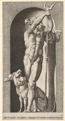 Plate 7: Pluto in a niche, holding a bident, with Cerberus next to him, from a series of m..., 1526. Creator: Giovanni Jacopo Caraglio.