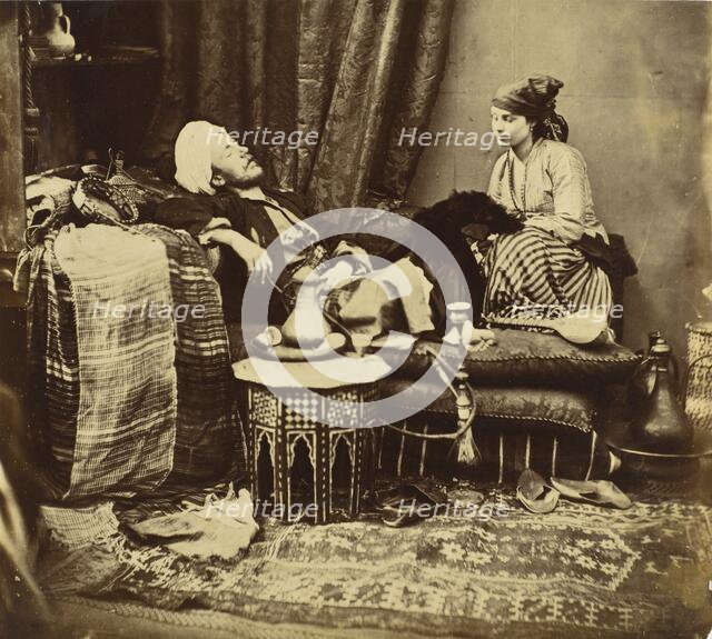 Untitled (Gentleman In Eastern Costume With Nubian Model), 1858. Creator: Roger Fenton.