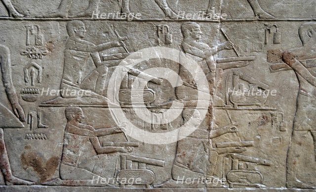 Relief depicting scribes, Mastaba of Mereruka, Saqqara, Egypt, Old Kingdom, 2340 BC (2003). Creator: Unknown.