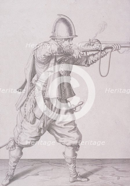 Figure in military clothing firing a musket and wearing a sword, 1607. Artist: Anon