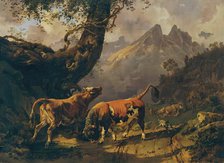 Bull chasing a cow, in the background landscape near Carrara, 1832. Creator: Johann Nepomuk Rauch.